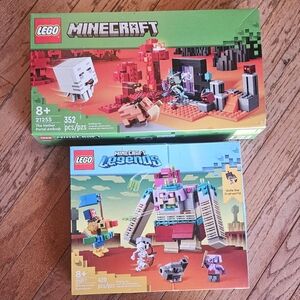 2 Sets of Minecraft Legos: The Nether Portal Ambush and The Devourer Showdown.